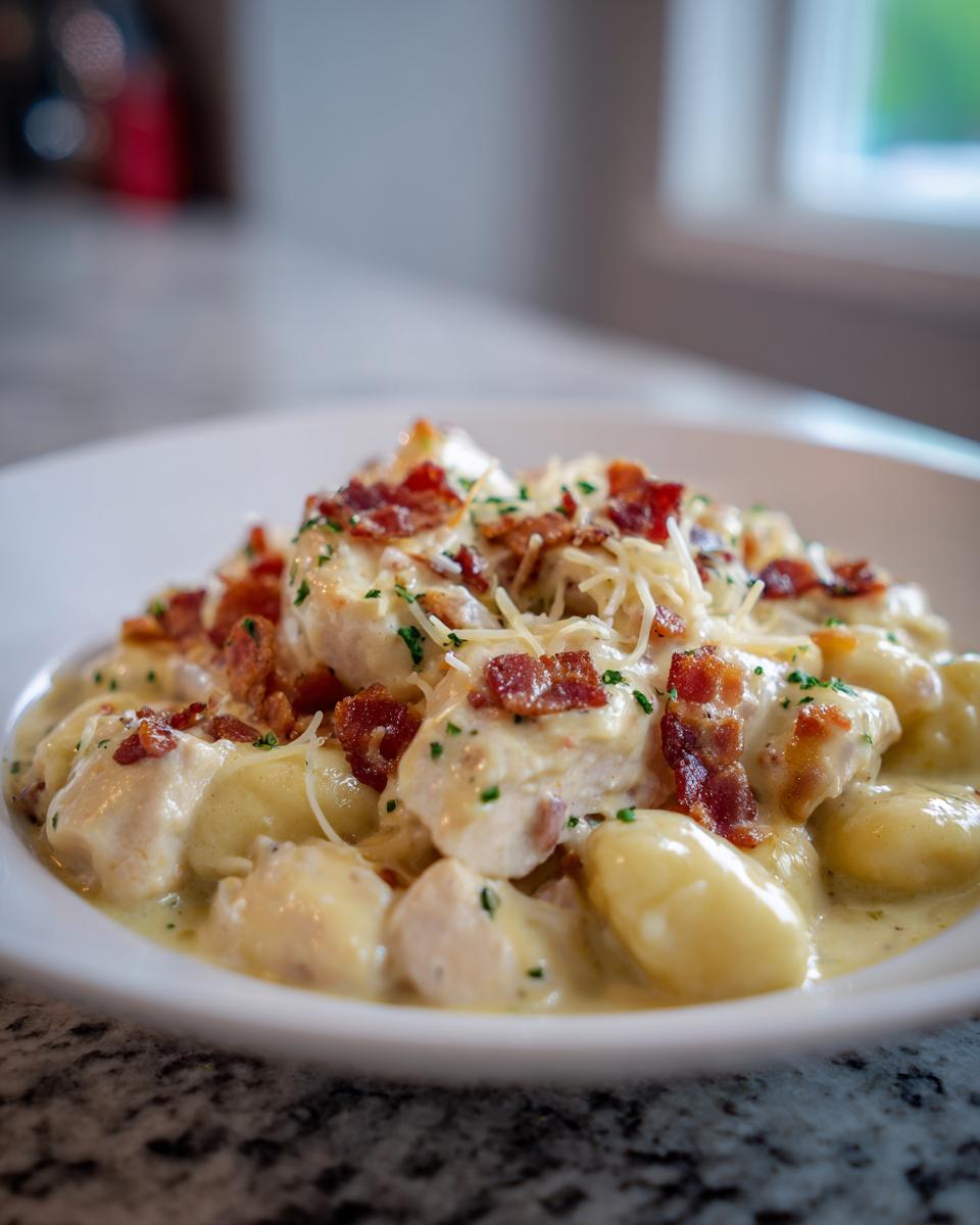 A close-up of creamy crack chicken gnocchi topped with bacon bits, shredded cheese, and parsley in a white bowl.