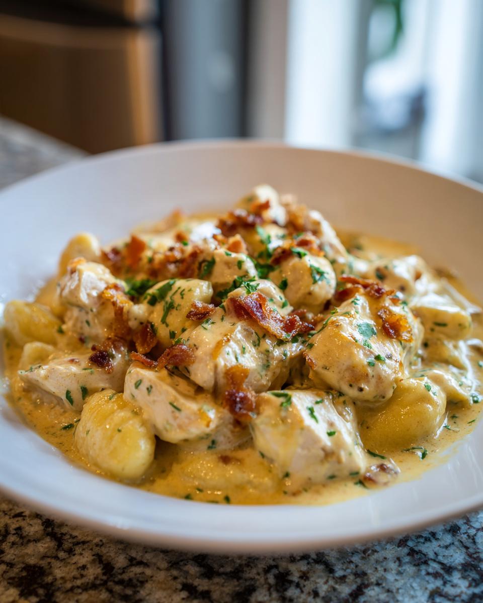 A close-up of a white bowl filled with creamy crack chicken gnocchi, topped with bacon bits and parsley.