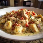 A close-up of creamy crack chicken gnocchi served in a white bowl, topped with bacon bits and parsley.