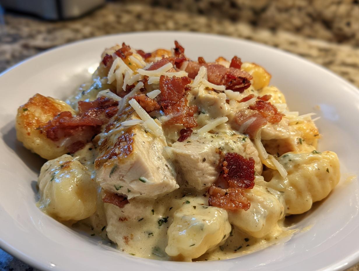 A close-up of creamy crack chicken gnocchi topped with bacon bits and shredded cheese in a white bowl.
