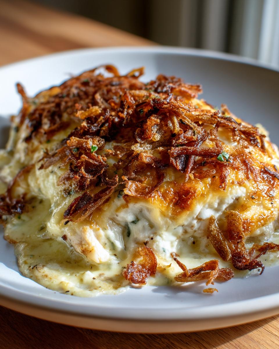 Close-up of creamy french onion chicken smothered in melted cheese and topped with a generous pile of crispy fried onions.