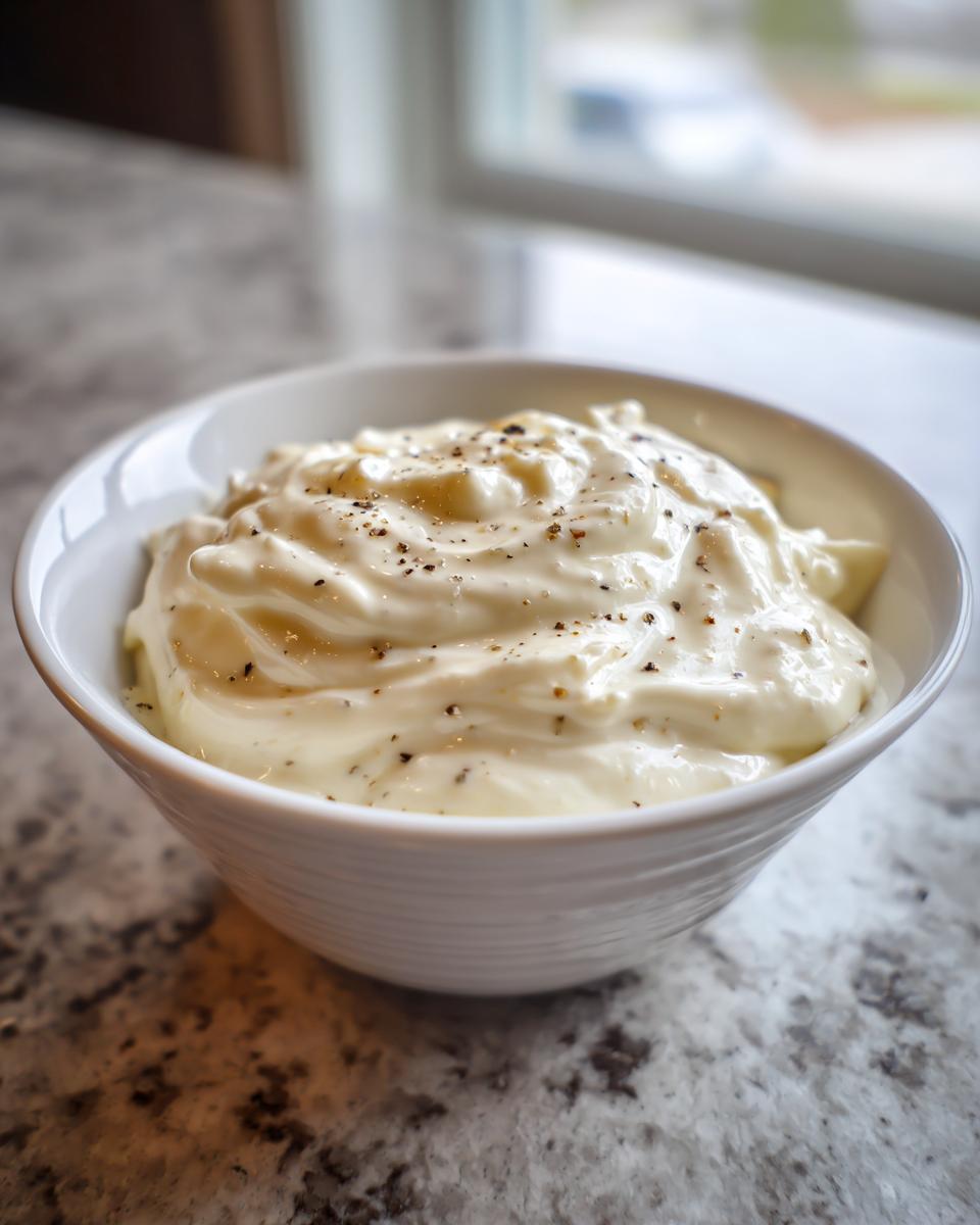 A close-up of a white bowl filled with creamy, thick garlic sauce, topped with cracked black pepper.