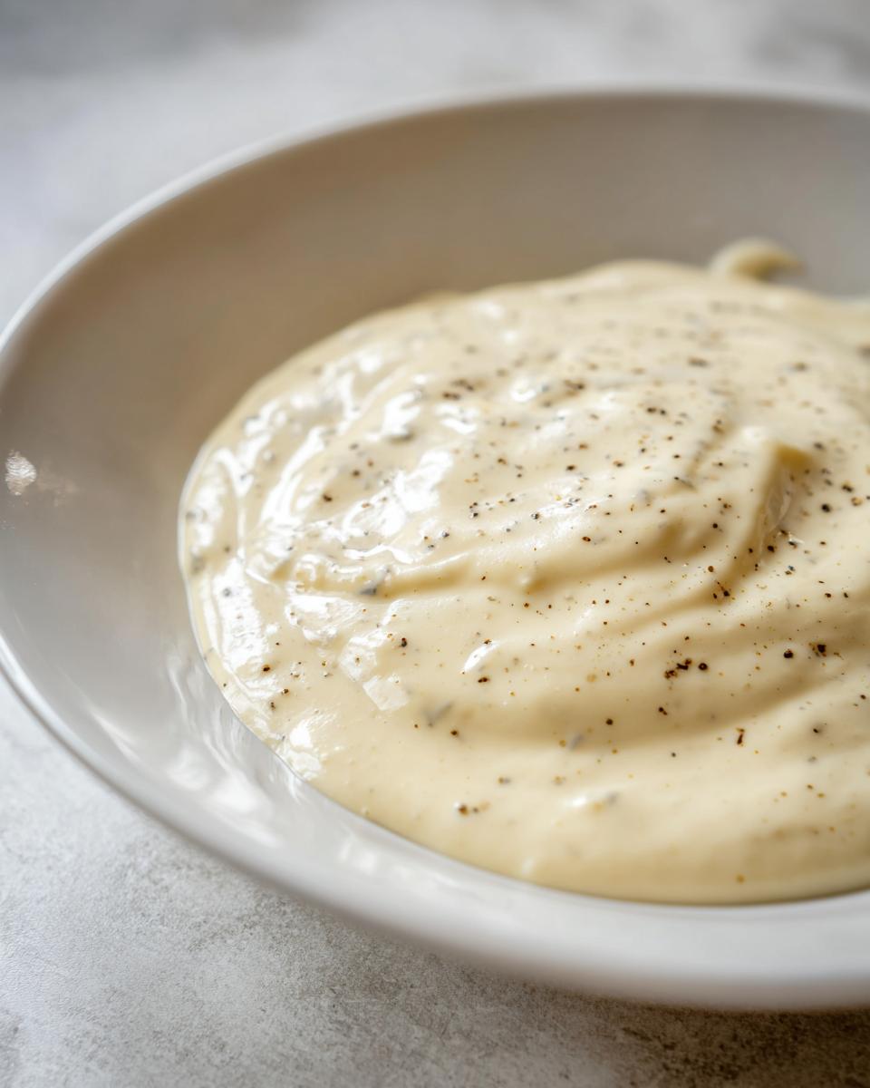 Close-up of thick, creamy garlic sauce speckled with black pepper served in a white bowl.