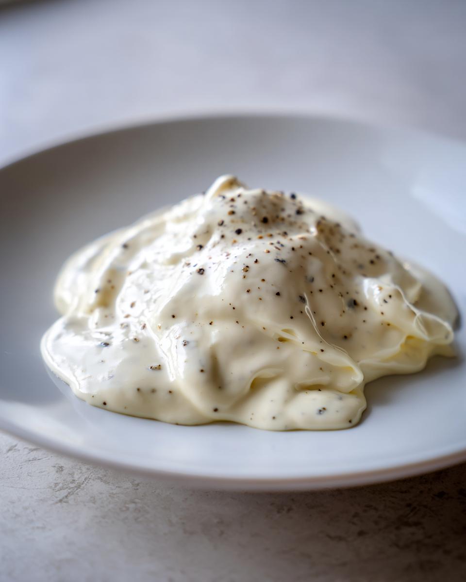 Close-up of a creamy dollop of homemade garlic sauce seasoned with visible black pepper specks, served on a white plate.