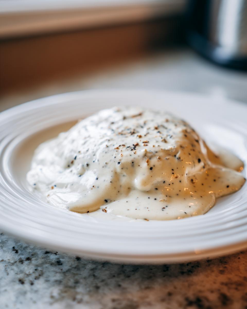 A dollop of creamy, speckled garlic sauce generously seasoned with black pepper on a white plate.
