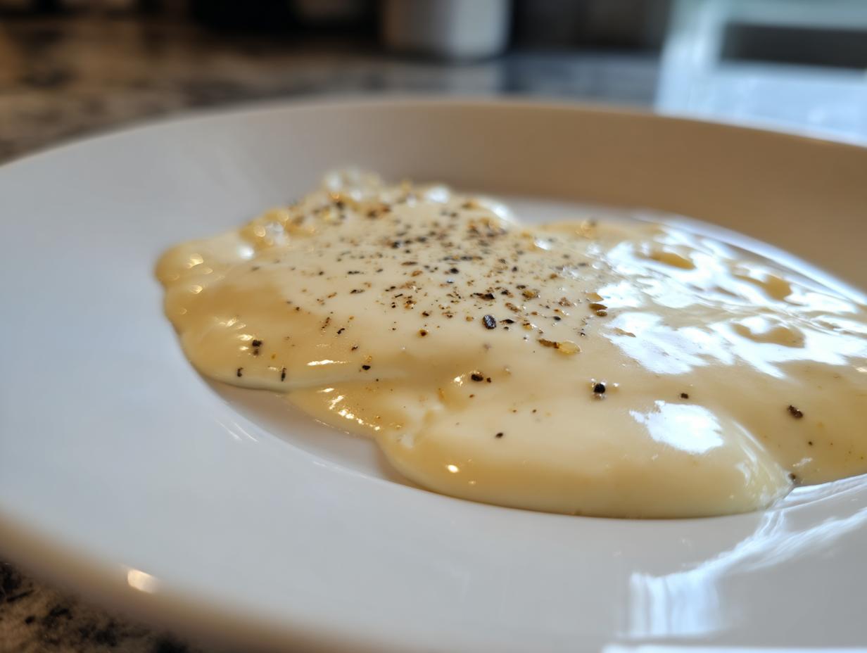 Close-up of a dollop of creamy, pale yellow garlic sauce seasoned with cracked black pepper on a white plate.