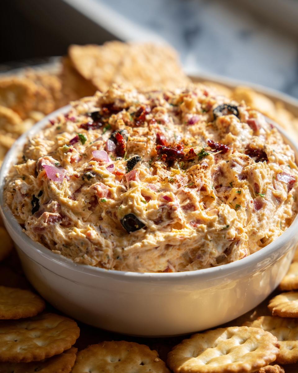 A close-up of a creamy, loaded hoagie dip topped with red onions and olives, surrounded by crackers.