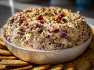 A large bowl overflowing with creamy hoagie dip, studded with meat and vegetables, surrounded by crackers.