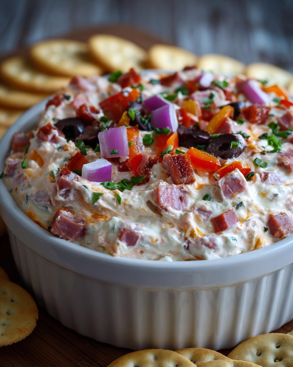 Close-up of creamy hoagie dip in a white bowl, topped with diced ham, red onion, peppers, and olives, surrounded by crackers.