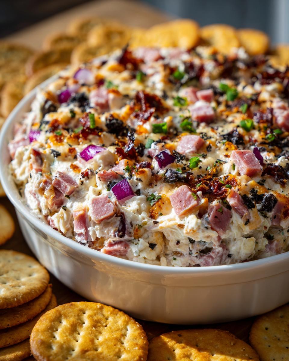 Close-up of a creamy hoagie dip topped with diced ham, red onion, and seasonings, served with crackers.