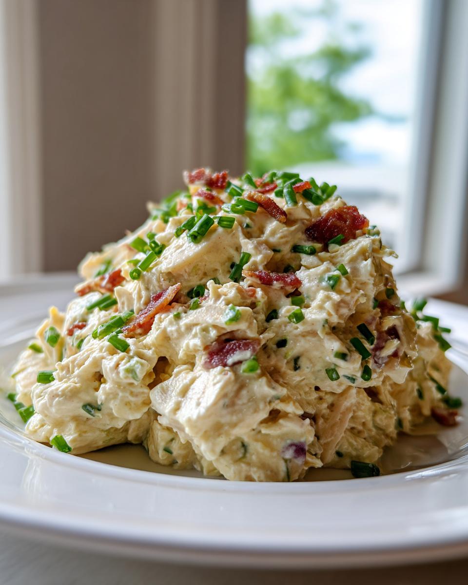 A generous serving of creamy honey mustard chicken salad topped with crispy bacon bits and fresh chopped chives.