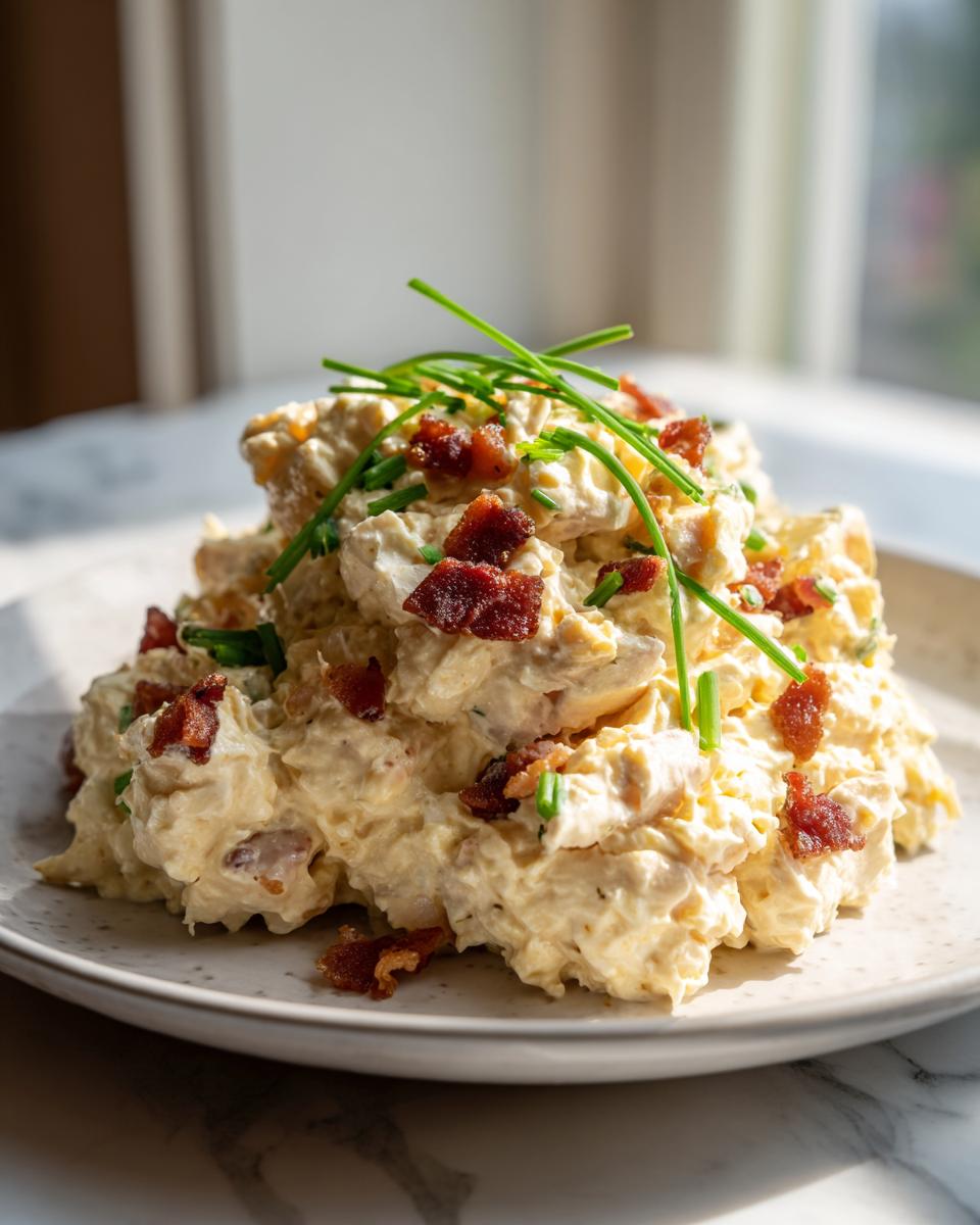 A mound of creamy honey mustard chicken salad topped with crispy bacon bits and fresh chives.
