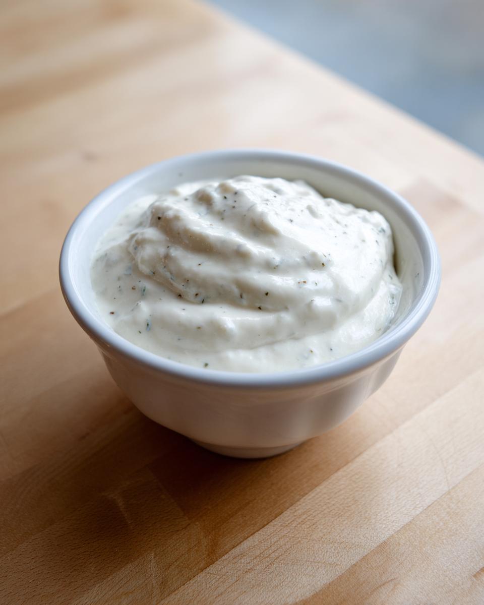 A close-up of thick, white creamy horseradish sauce speckled with herbs in a small white bowl.