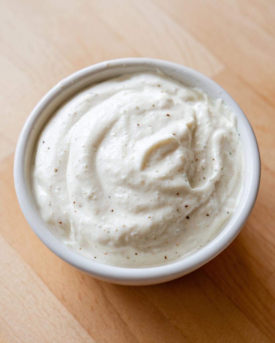 Close-up overhead shot of a small white bowl filled with thick, white creamy horseradish sauce speckled with black pepper.