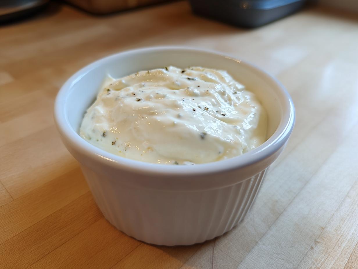 A small white ramekin filled with thick, creamy horseradish sauce, seasoned with visible black pepper flecks.