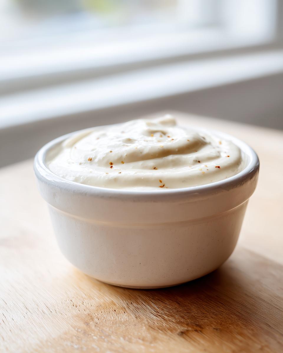 A close-up of freshly made creamy horseradish sauce swirled in a small white ramekin, set on a wooden surface.