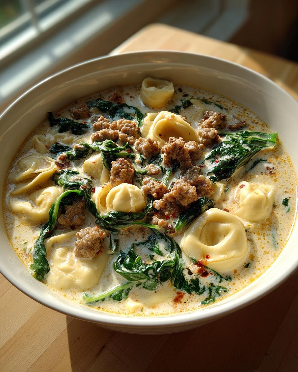 A close-up of a hearty bowl of italian sausage tortellini soup with spinach in a creamy broth.