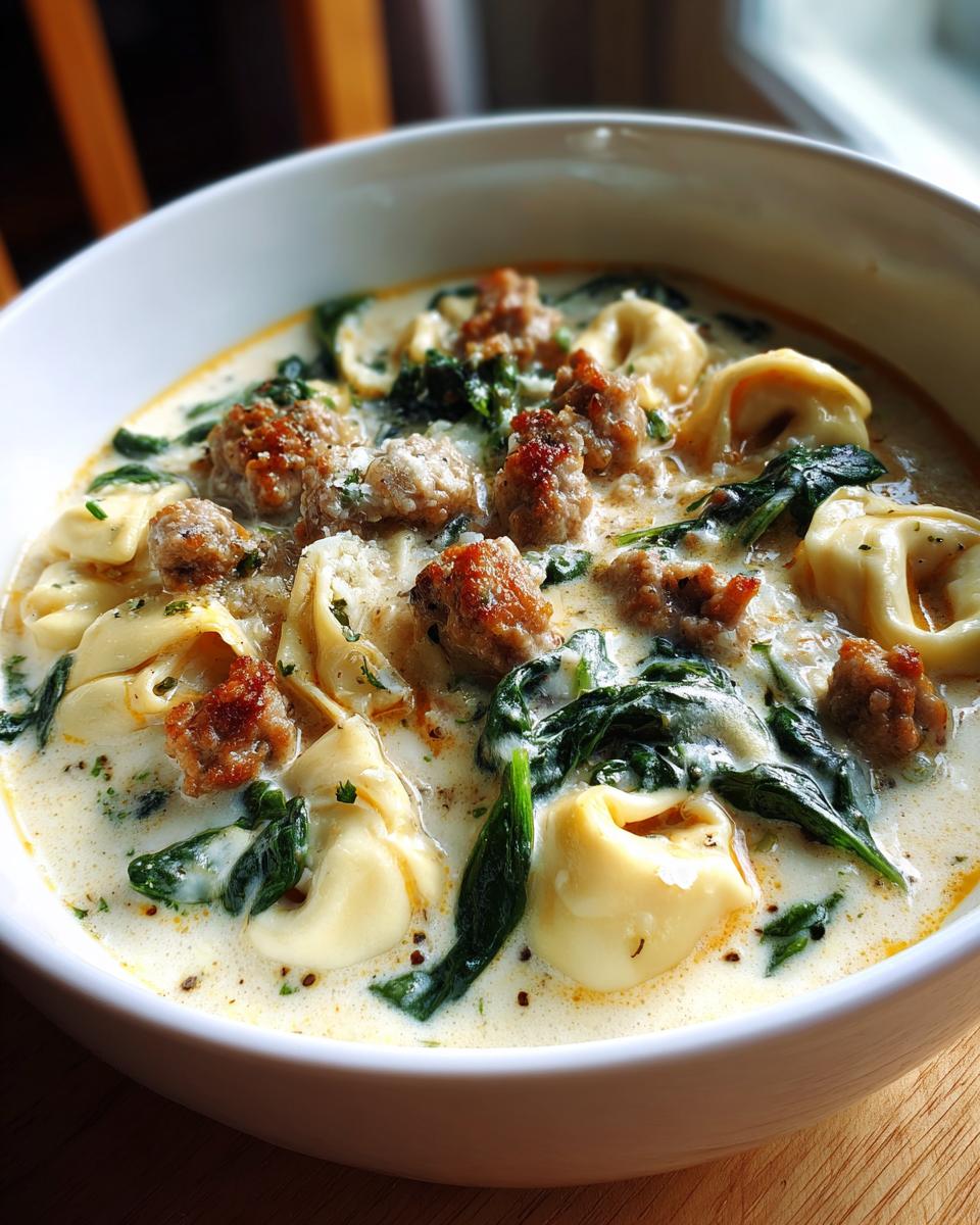 Close-up of a white bowl filled with creamy italian sausage tortellini soup featuring browned sausage crumbles and wilted spinach.