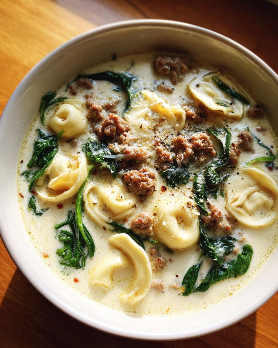 Close-up of a bowl of creamy italian sausage tortellini soup with spinach and grated cheese.