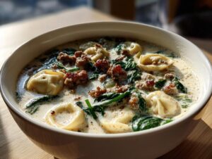 Close-up of a hearty bowl of creamy italian sausage tortellini soup with wilted spinach.
