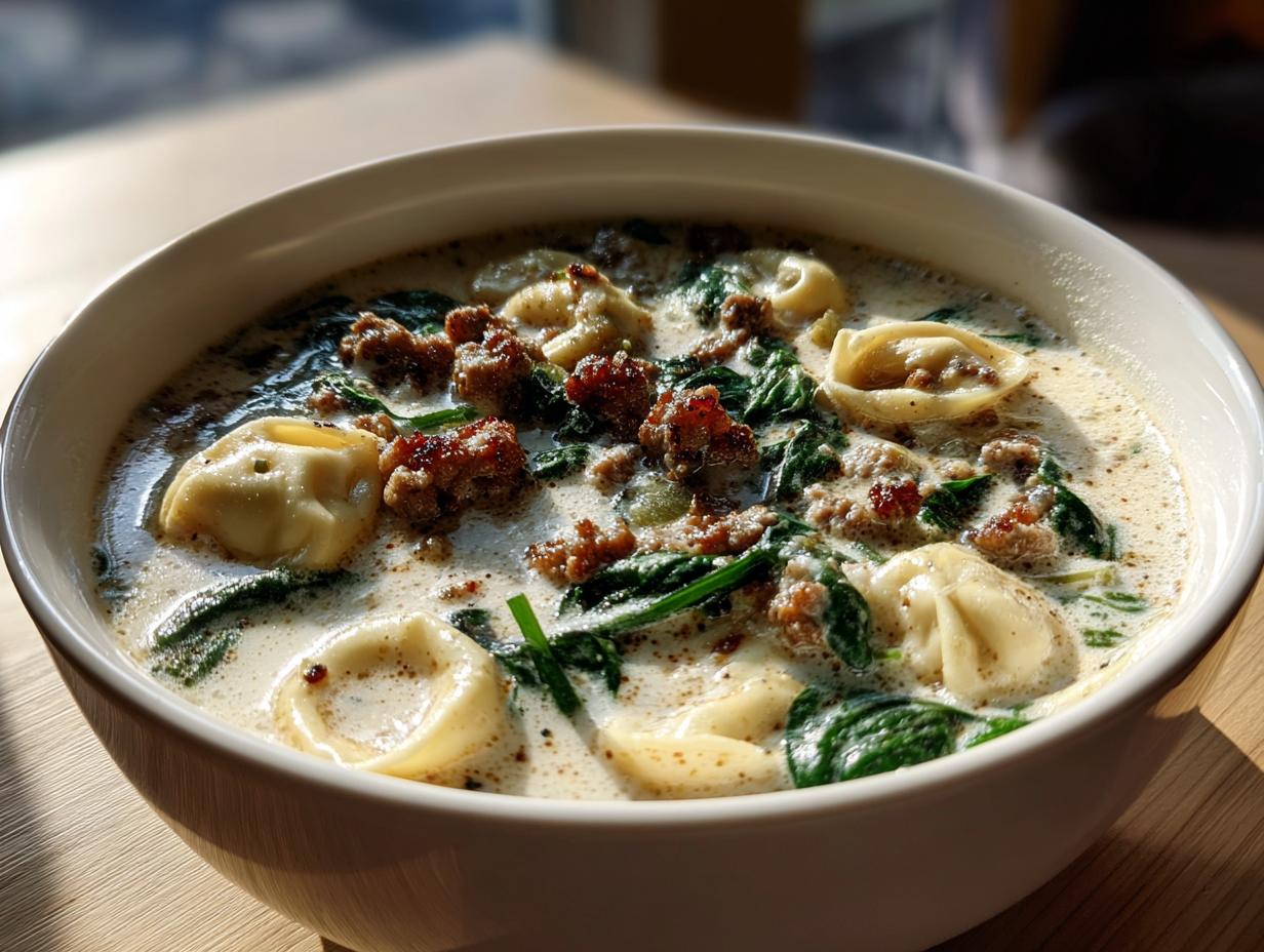 Close-up of a hearty bowl of creamy italian sausage tortellini soup with wilted spinach.