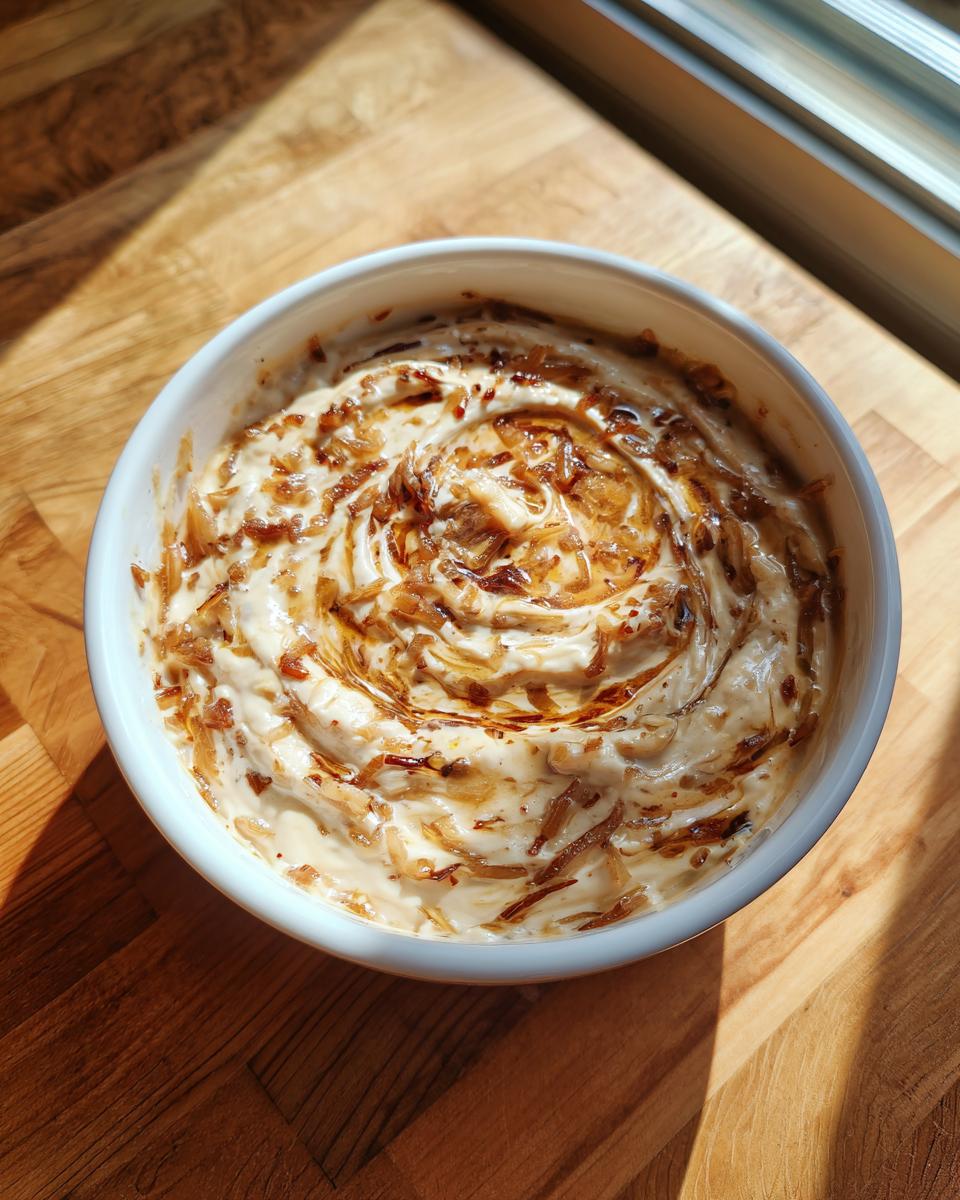 A white bowl filled with creamy onion dip, topped generously with caramelized onions, sitting on a wooden surface.