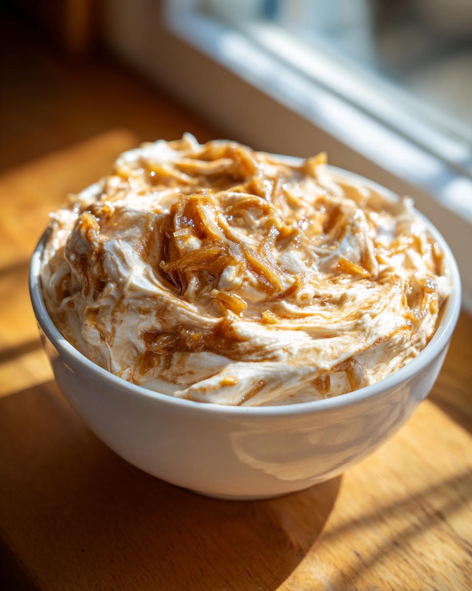 Close-up of a white bowl filled with creamy onion dip, topped with swirls of caramelized onions.