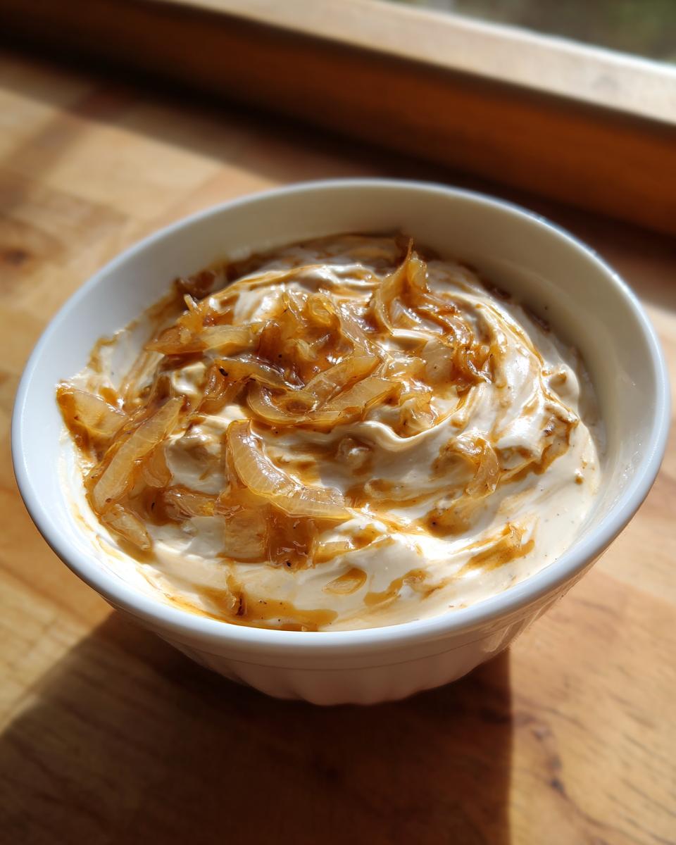 Close-up of a white bowl filled with creamy onion dip, topped generously with caramelized onions.