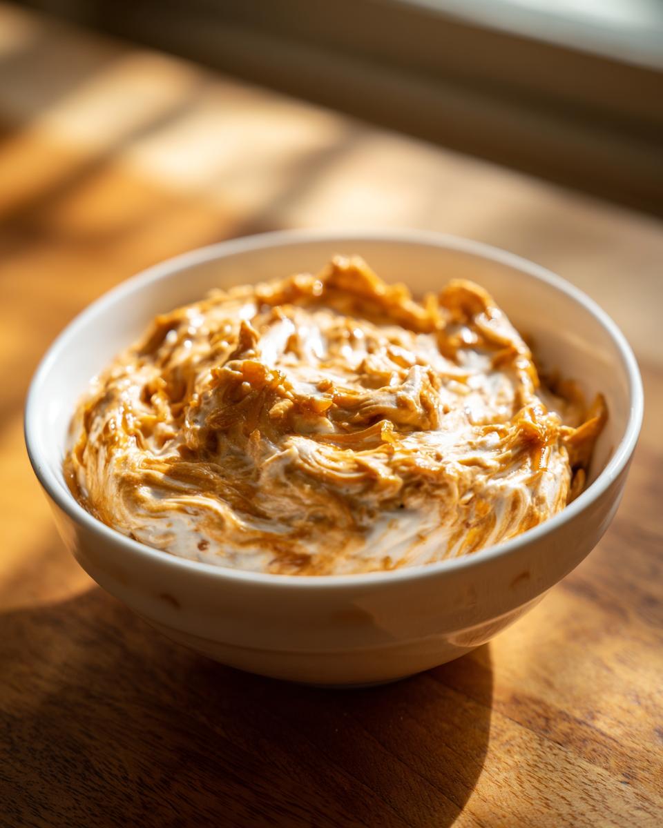 A close-up of a creamy, swirled onion dip in a white bowl, sitting on a wooden surface.