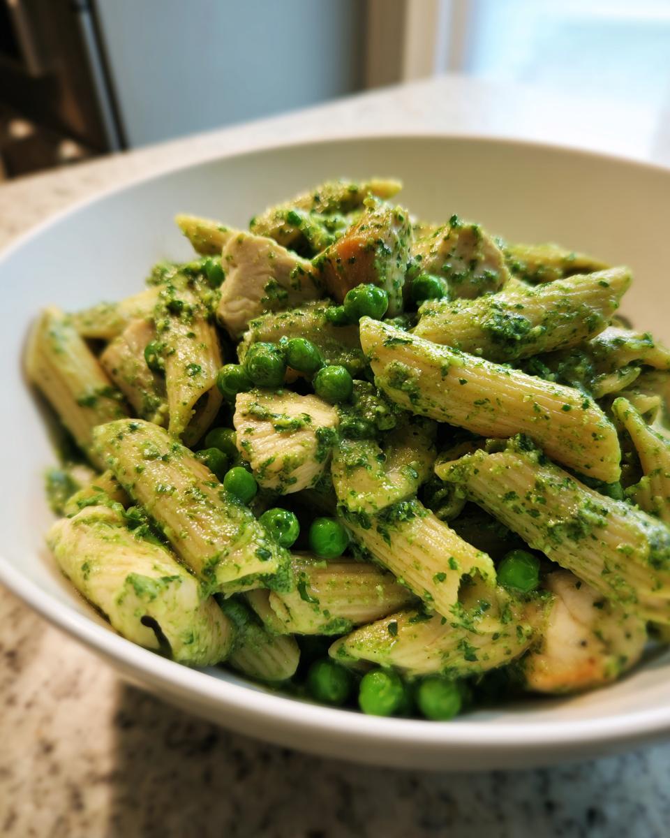 Close-up of creamy pesto pasta featuring penne, chunks of chicken, and bright green peas in a white bowl.