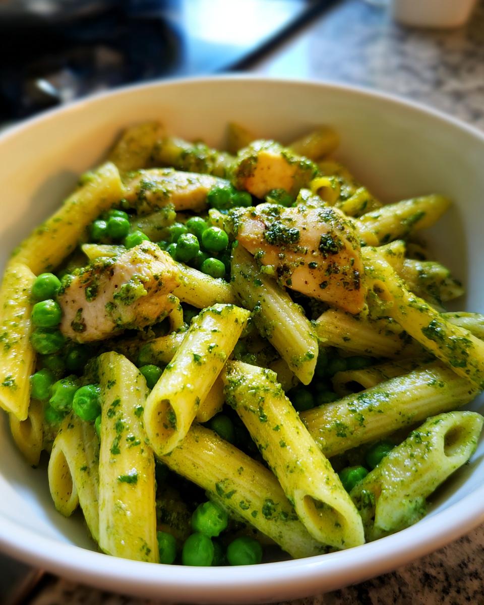 Close-up of creamy pesto pasta featuring penne, bright green peas, and chunks of seasoned chicken.
