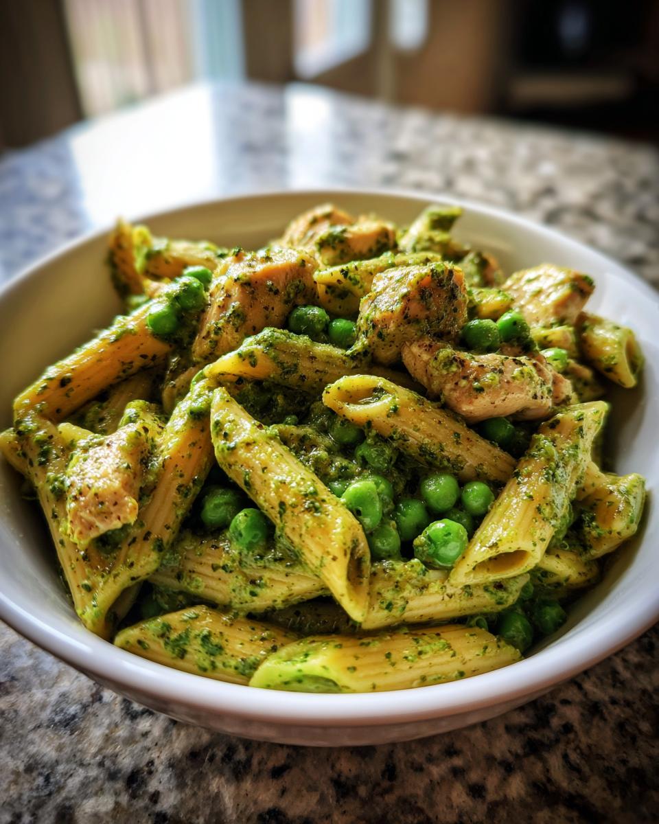 Close-up of creamy pesto pasta featuring penne, chunks of chicken, and bright green peas in a white bowl.