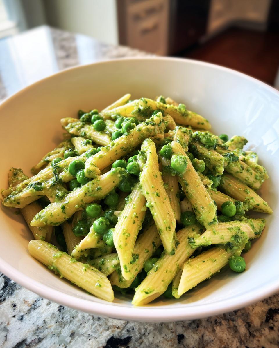 Close-up of creamy pesto pasta mixed with bright green peas served in a white bowl.