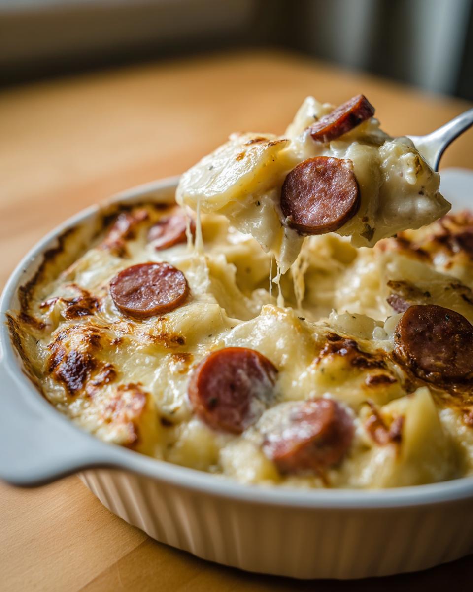 A spoonful of creamy pierogi casserole featuring potatoes and sliced smoked sausage being lifted from a white baking dish.