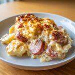 A close-up serving of creamy pierogi casserole topped with melted, browned cheese and slices of smoked sausage.
