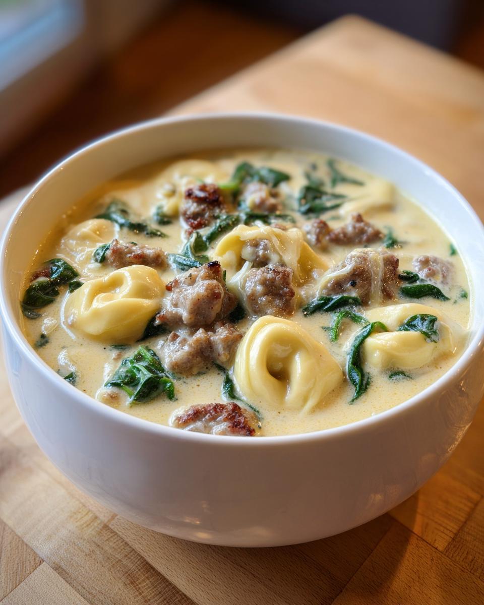 A close-up of a white bowl filled with creamy sausage tortellini soup, featuring tortellini, browned sausage crumbles, and wilted spinach.