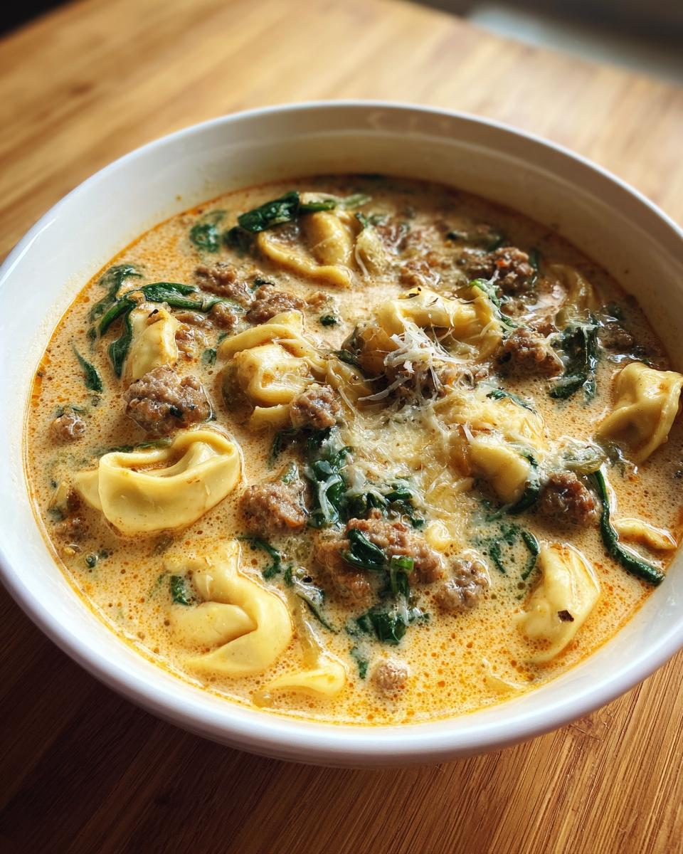 A close-up of a hearty bowl of creamy sausage tortellini soup topped with spinach and grated Parmesan cheese.