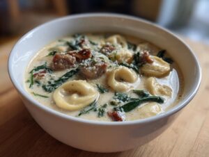 A close-up of a white bowl filled with creamy sausage tortellini soup, featuring tortellini, sausage pieces, and wilted spinach.