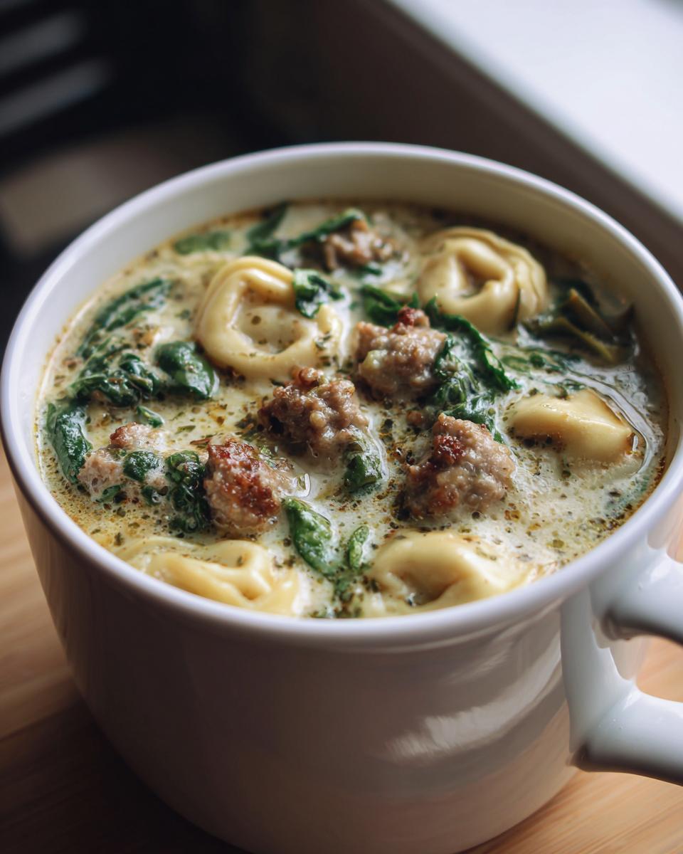 Close-up of a hearty bowl of creamy sausage tortellini soup with wilted spinach and seasoned broth.