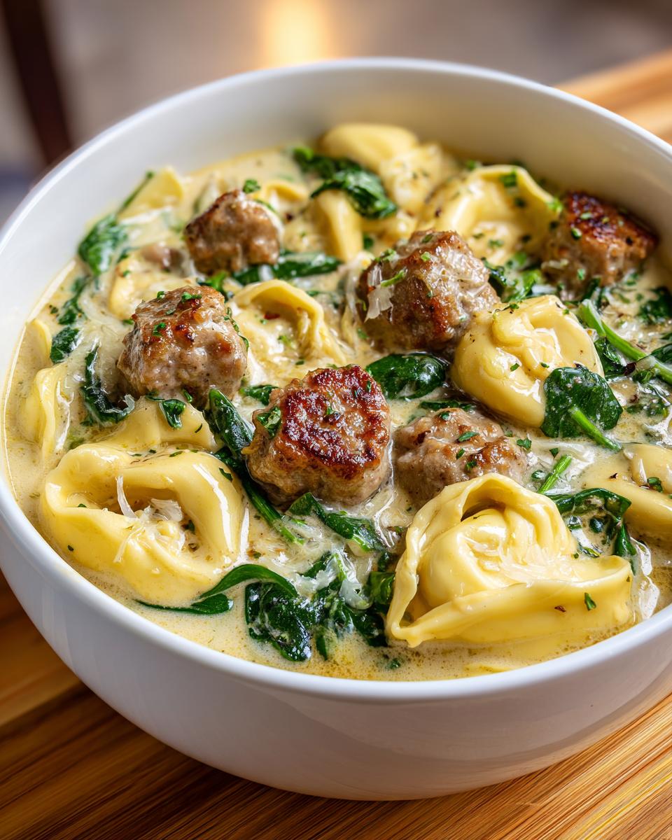A close-up view of rich, creamy sausage tortellini soup featuring browned sausage pieces, spinach, and cheese.