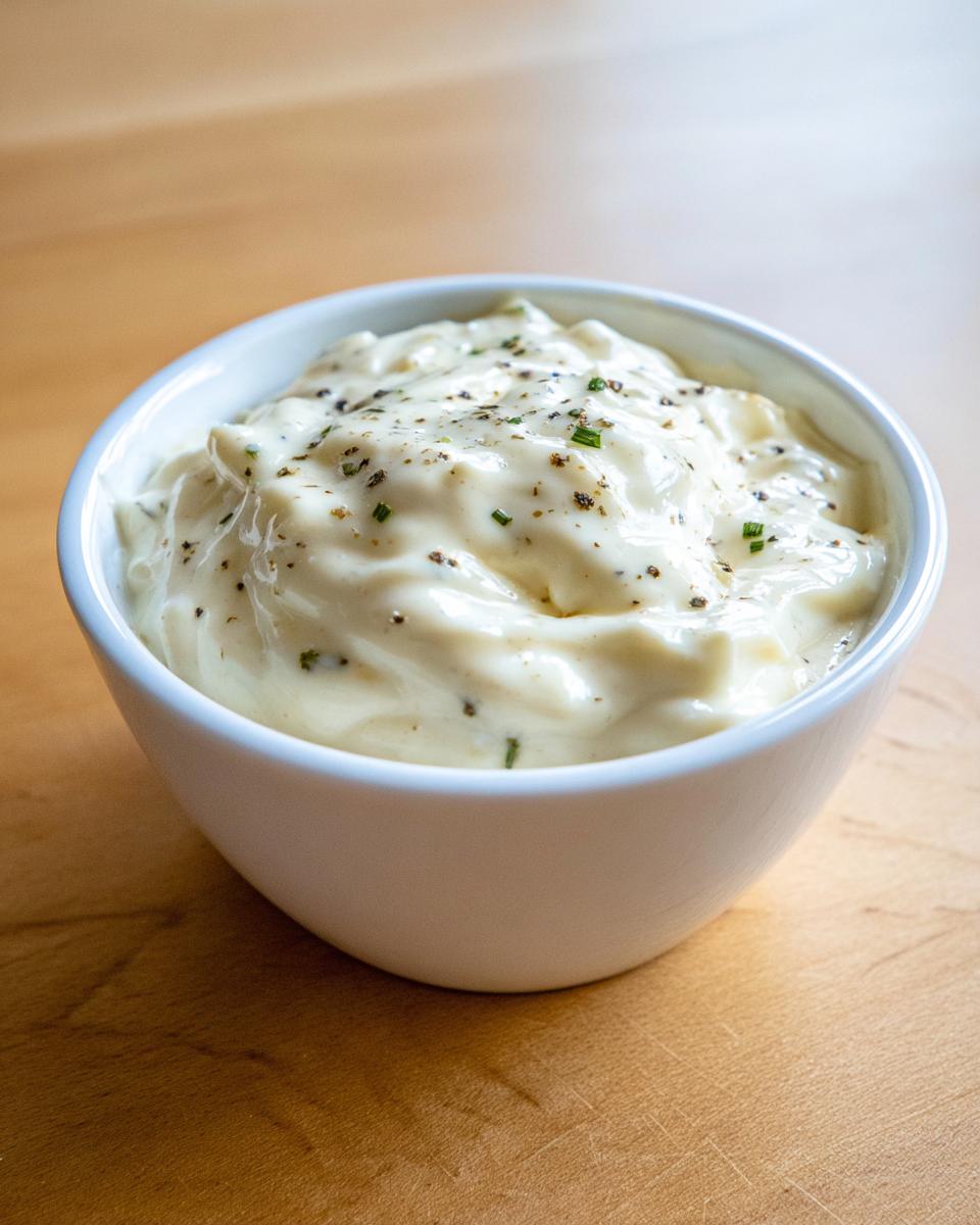 A close-up of thick, creamy white pizza sauce seasoned with black pepper and herbs in a white bowl.
