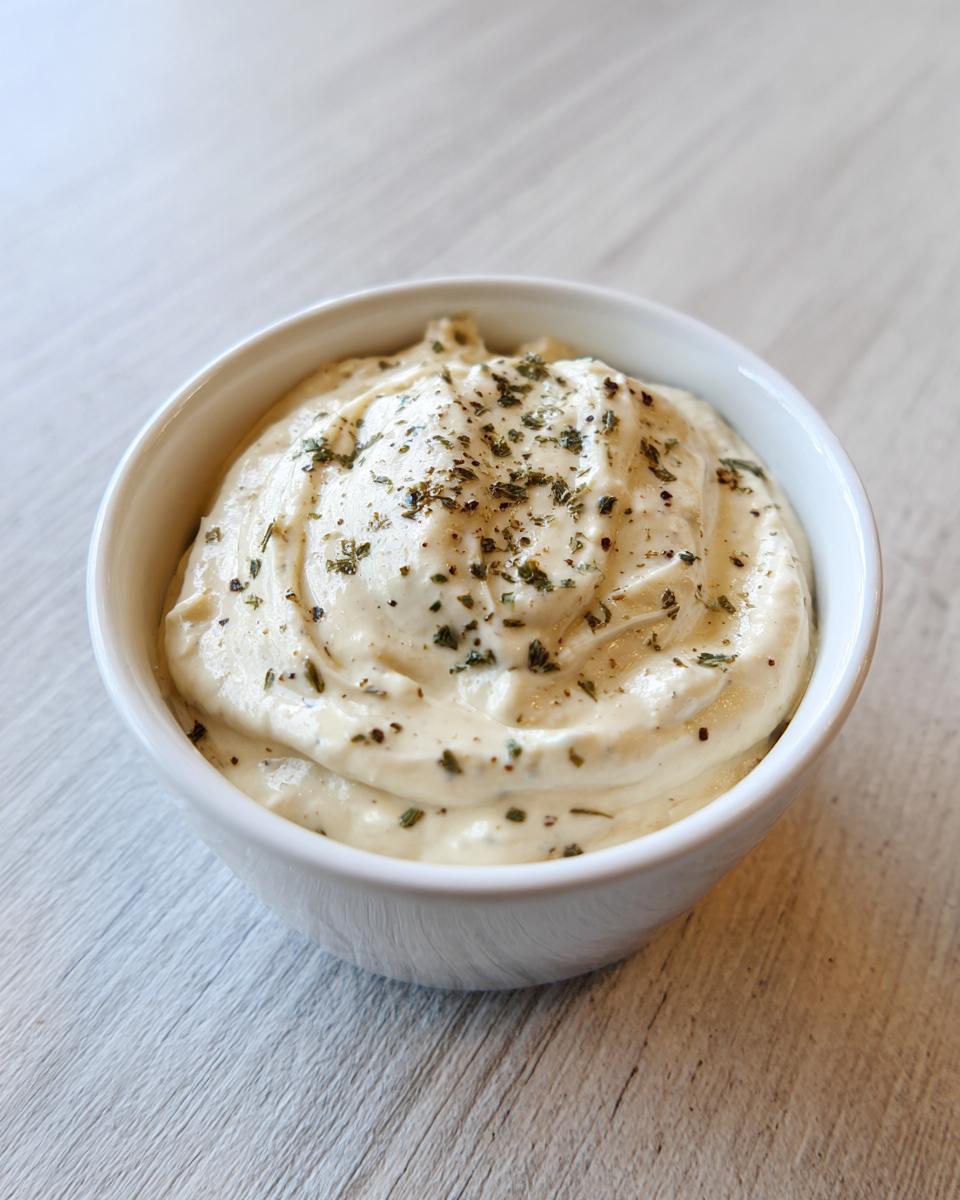 A small white bowl filled with thick, creamy white pizza sauce, garnished with dried green herbs.