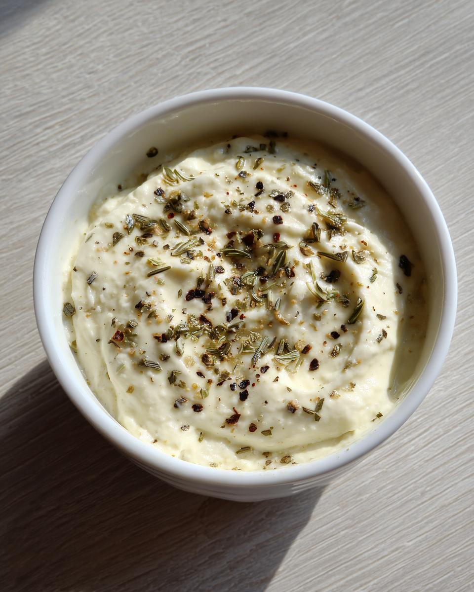 A close-up overhead shot of creamy white pizza sauce in a white bowl, generously topped with dried herbs and pepper.