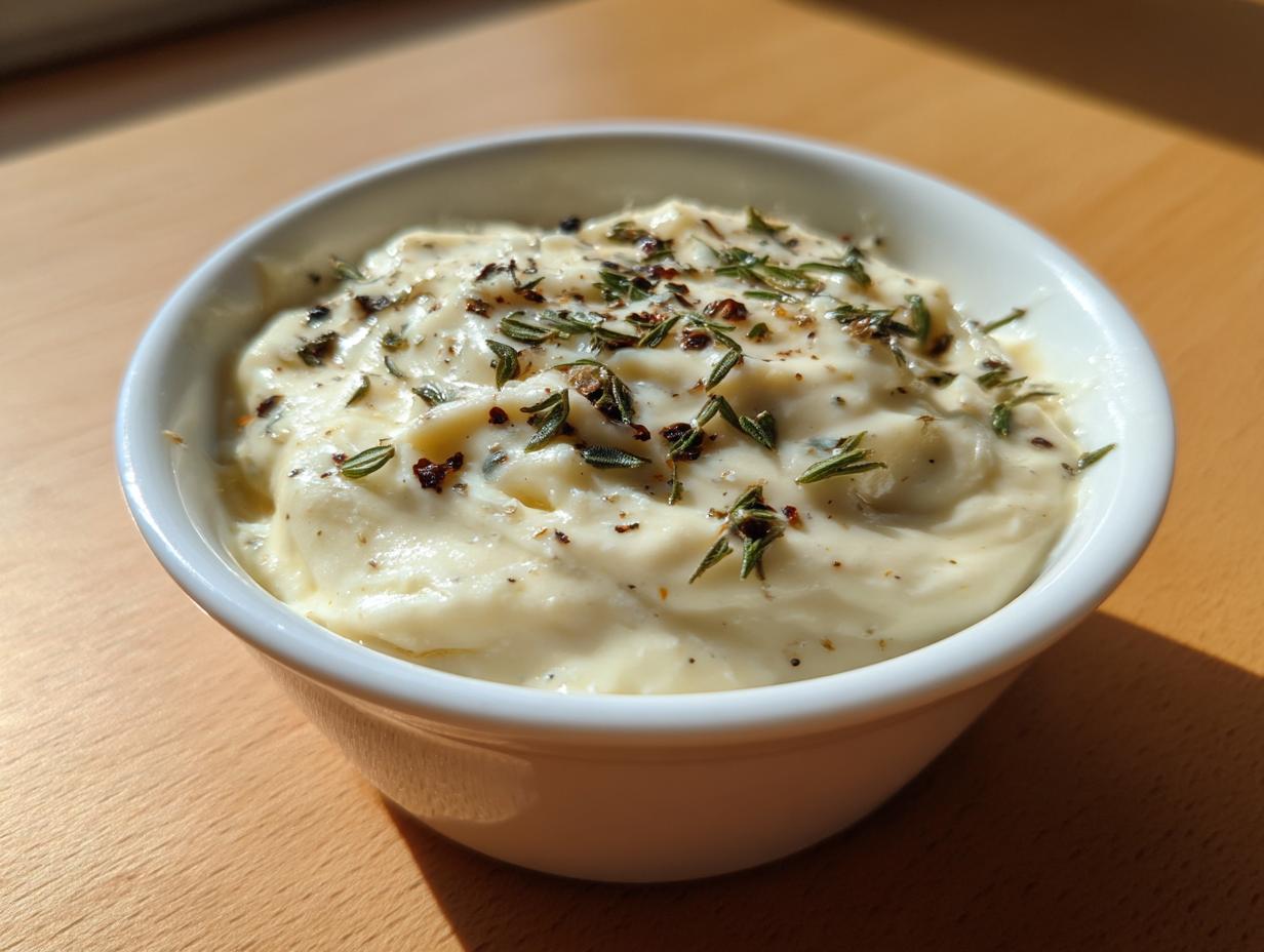 Close-up of a small white bowl filled with creamy white pizza sauce, garnished with dried rosemary and red pepper flakes.