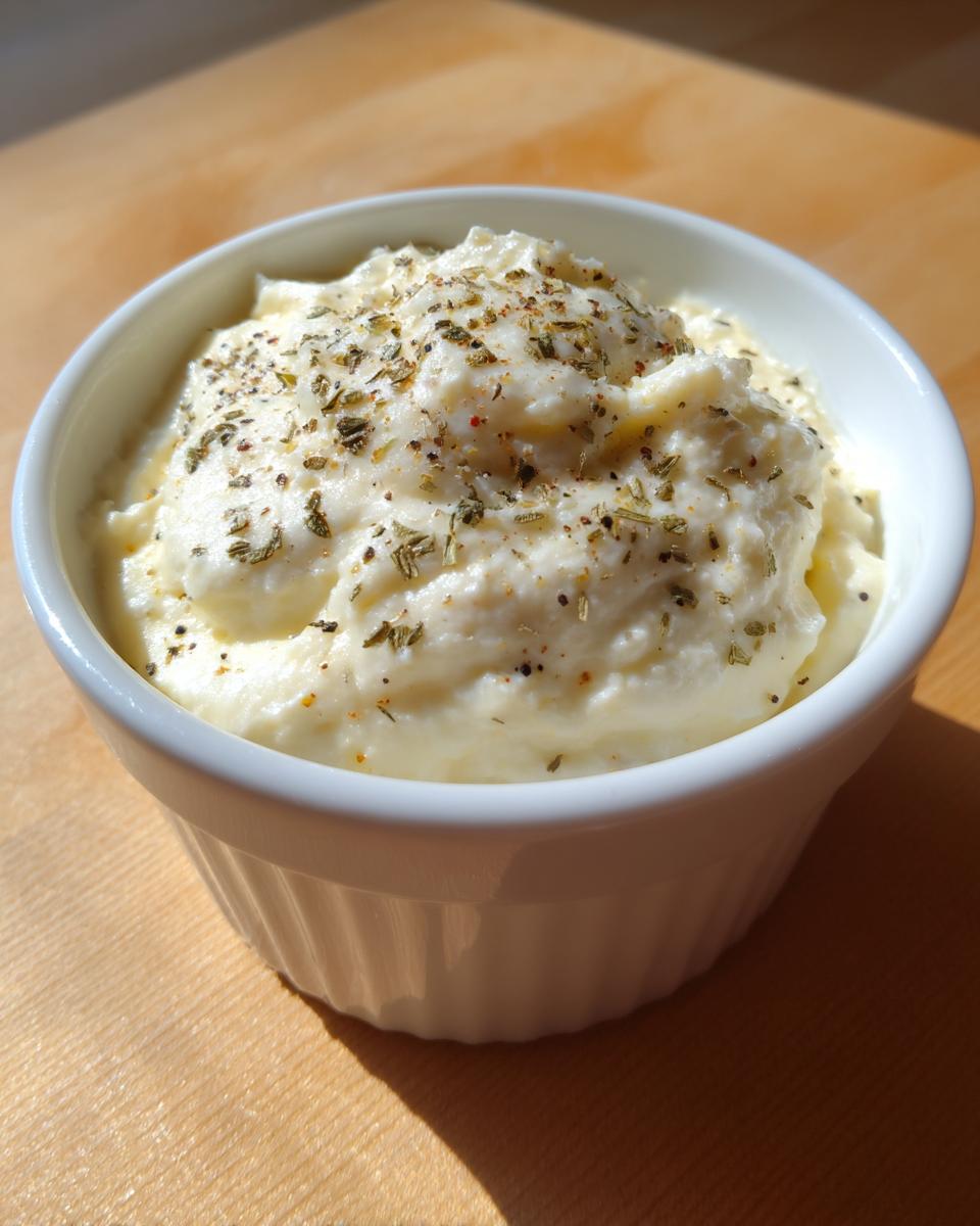 A close-up of creamy white pizza sauce topped with dried herbs and pepper in a small white bowl.