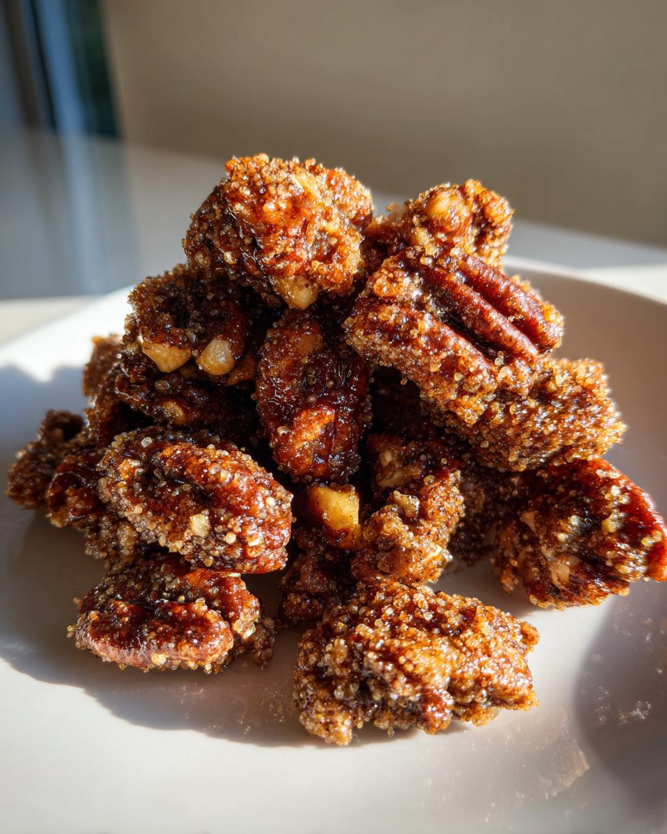 Close-up of a small pile of glistening, candied cinnamon sugar pecans coated in crunchy sugar crystals.