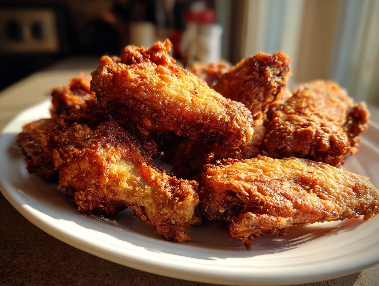 A close-up of golden brown, crispy chicken wings piled high on a white plate, highlighted by sunlight.