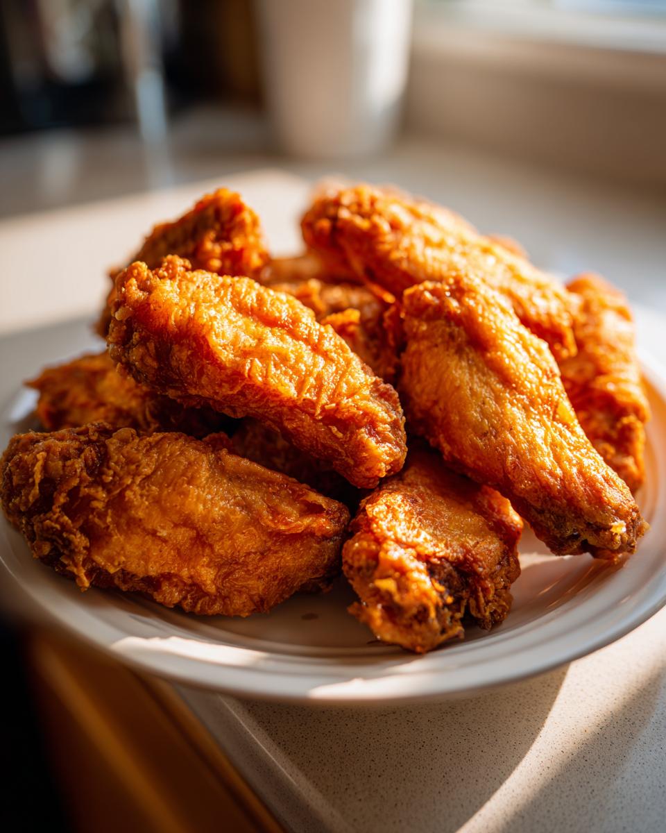 A close-up shot of a pile of golden brown, crispy fried chicken wings resting on a white plate.