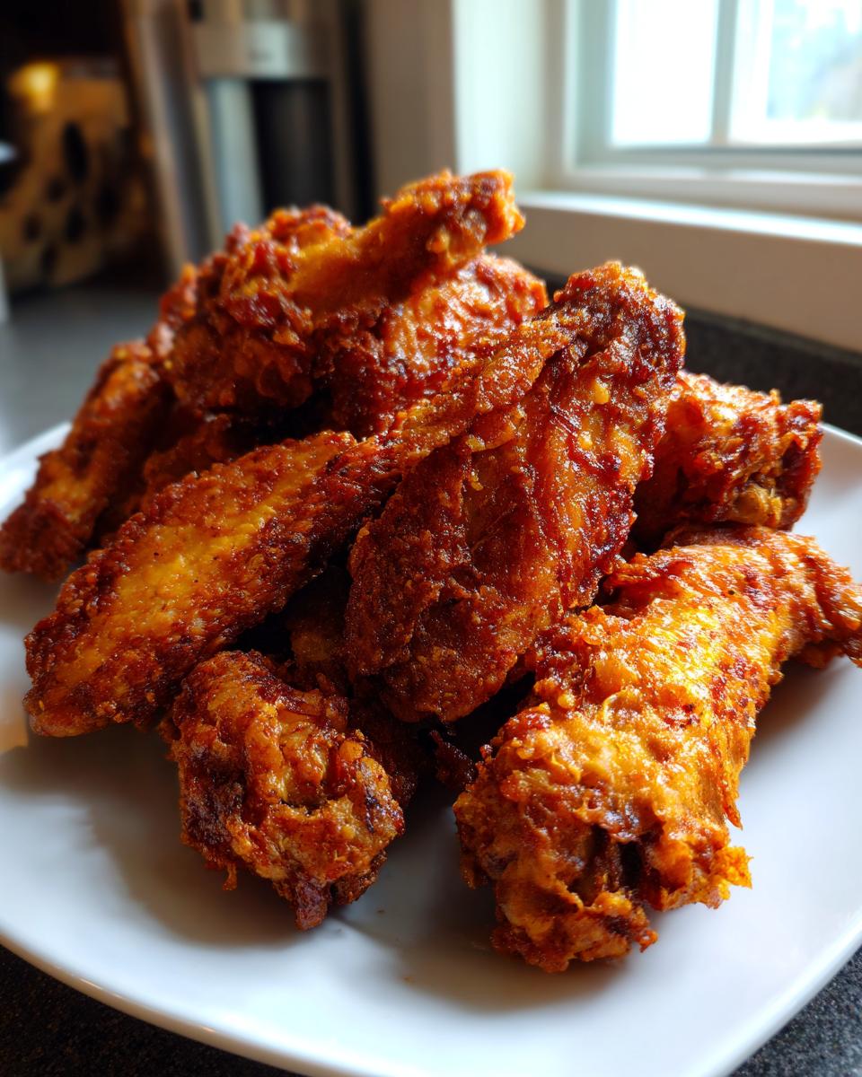 A close-up of a pile of perfectly crispy, deep-fried chicken wings with a reddish-brown coating, served on a white plate.