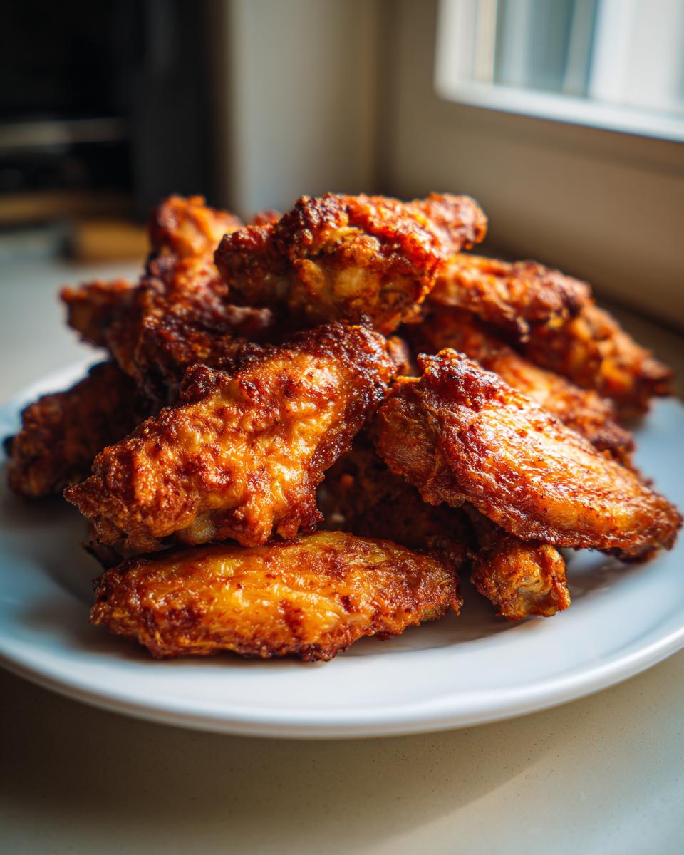 A mound of perfectly crispy, golden-brown chicken wings piled high on a white plate.